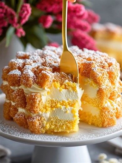 Gâteau Mimosa Italien (Torta Mimosa) Accroche : Un biscuit génoise moelleux garni de crème pâtissière et de crème fouettée, décoré de petits cubes dorés rappelant les fleurs de mimosa. Rendement : 10 à 12 parts Température : 175 °C (350 °F) Temps : 30 min de préparation 30 min de cuisson temps de repos ....................... 👉 Recette complète en premier | Secrets de Cuisine
