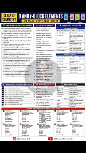 d and f-block elements class 12th chemistry in one page 🔥#cbse #chemistry #neet #motivation