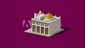 Rotating Mosque Building animation using voxel style. With golden and white color scheme