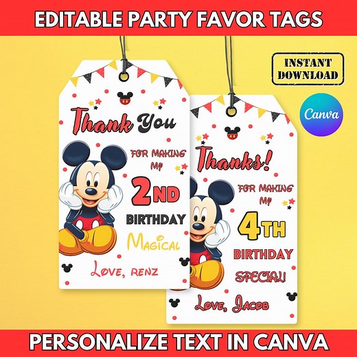 Editable Mickey Birthday Thank You Tags, Oh Twodles Birthday Boy Party Favor Tags, Customizable Mickey Theme Thank You Tag, Instant Download - Etsy