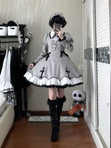 Devil Inspired on Instagram: "🖤🌫️ A Gothic Lolita look featuring a gray striped dress with Juliette sleeves and lace cross applique. Pair it with the matching hairband adorned with cross charm bows for a subtle witchy elegance.🕸️🌑 ✨ Dress — search “SGCKI-037” on devilinspired.com — $85.00 ✨ Hairband — search “SGCKI-039” — $16.99 🛍️ Add this vintage Gothic Lolita set to your wardrobe for a subtle, mystical style. 💖 Love is in the air! 💖 Enjoy an Extra 12% Off Sitewide with code LOVE12 🎁 V