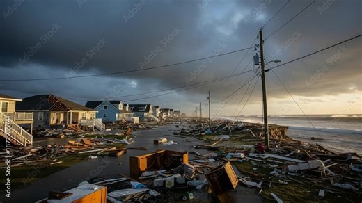 Devastating Coastal Destruction: Dramatic Image of Hurricane Damage to Houses and Infrastructure with Debris Scattered Everywhere under Stormy Skies