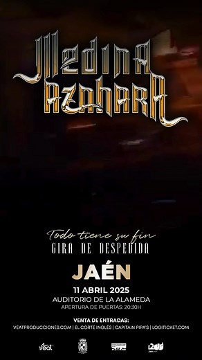 Medina Azahara dice adiós con su última gira: “Todo tiene su fin” El legendario grupo de rock andaluz Medina Azahara (página oficial) se despide de los escenarios con su gira “Todo tiene su fin”, un recorrido emocional por décadas de historia musical. El próximo viernes 11 de abril de 2025, el Auditorio La Alameda de Jaén será testigo de un concierto inolvidable, donde los cordobeses repasarán sus grandes éxitos en una noche cargada de nostalgia y pasión. Con más de 2.000 entradas ya vendidas, s