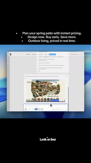 If you’re in a warm climate or already planning your spring outdoor living or patio remodel Projectz AI makes it simple. Describe your design, upload reference images, and get accurate, real-time pricing. Change your design at any time and see instant pricing updates as you explore different options. Plan ahead, lock in your budget, and purchase materials early while seasonal discounts are still available. Design smarter. Build sooner. Save more. #foryoupage #followme #design #ai #landscape