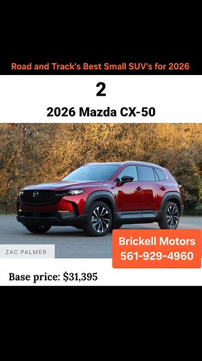 Road and Track's Best Small SUV's for 2026 The Honda CR-V takes the top spot with the Mazda CX-50 a close second. Here at Brickell Motors, we sell both of these awesome SUV's Brickell Honda and Brickell Mazda. Call us at 561-929-4960 to check out both of these top SUV's and decide for yourself which takes the top spot. #murgadoautomotivegroup #brickellmotors #brickellhonda #BrickellMazda #RoadAndTrack #SouthFloridaHondaDealers #mazdadealer #mazdausa #hondacrv #MazdaCX50 #HondaDeals #HondaLeaseDe