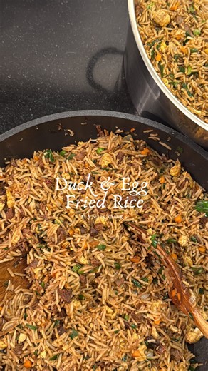 mani 👩🏾‍🍳 on Instagram: "Duck n Egg Fried Rice 🦆🥚🍚 A fragrant, flavorful fried rice layered with chili oil, tender duck, and fresh vegetables. Sorry if i shaded your country’s “fried rice”🙊 I have so much funnn with the voiceovers now🤣🤣 Ingredients Day-old cooked rice (refrigerated overnight) Cooked duck, chopped Salt (to taste) Chicken bouillon cubes (to taste) Green peas (pre-cooked) Carrots, finely chopped Spring onions (both the white onions and green tops), chopped Dried chili (pul