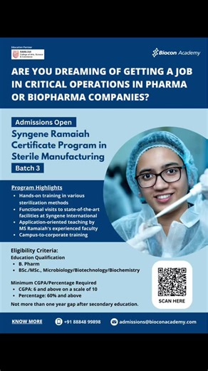 Biocon Academy on Instagram: "Biocon Academy is excited to open admissions for its groundbreaking 16-week intensive program, 𝐒𝐲𝐧𝐠𝐞𝐧𝐞 𝐑𝐚𝐦𝐚𝐢𝐚𝐡 𝐂𝐞𝐫𝐭𝐢𝐟𝐢𝐜𝐚𝐭𝐞 𝐏𝐫𝐨𝐠𝐫𝐚𝐦 𝐢𝐧 𝐒𝐭𝐞𝐫𝐢𝐥𝐞 𝐌𝐚𝐧𝐮𝐟𝐚𝐜𝐭𝐮𝐫𝐢𝐧𝐠 - 𝐁𝐚𝐭𝐜𝐡 𝟑, specially designed for graduates in Pharmacy, Microbiology, Biotechnology, Biochemistry, and Chemistry. Supercharge your career and grab your spot today! To apply, click here: https://www.bioconacademy.com/syngene-ramaiah-certificate-program-i