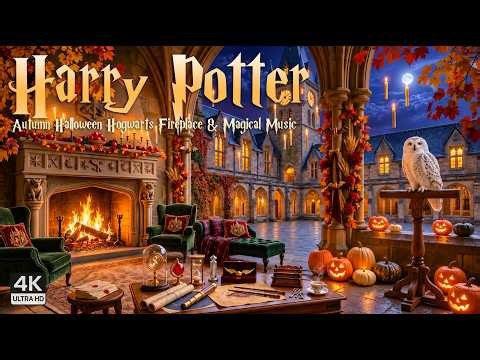 Cozy Halloween Hogwarts Fireplace Ambience 🎃🔥 | Moonlit Courtyard & Harry Potter Music