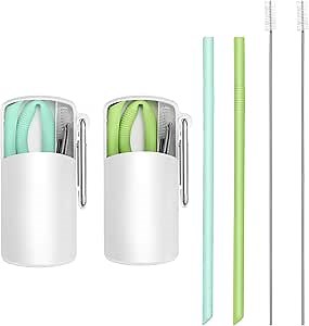 Reusable Straws with Case 2 Packs Reusable Straws Silicone Straws with Case BPA Free Reusable Straws Drinking Silicone for Cold or Hot Travel Straws with Case and Cleaning Brush (Blue&Green)