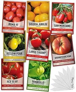 Gardeners Basics, Heirloom Tomatoes for Planting 8 Variety Pack, San Marzano, Roma VF, Large Cherry, Ace 55 VF, Yellow Pear, Tomatillo, Brandywine Pink, Golden Jubilee Tomato Seeds for Garden Non GMO