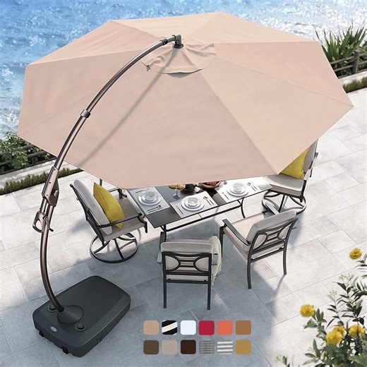 GRANDPATIO Napoli Sunbrella 12ft Round Canteliver Patio Umbrella with Base, Sunbrella Canvas Flax