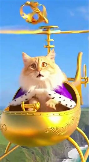 Cat flying golden helicopter like royalty crown falls silly crash
