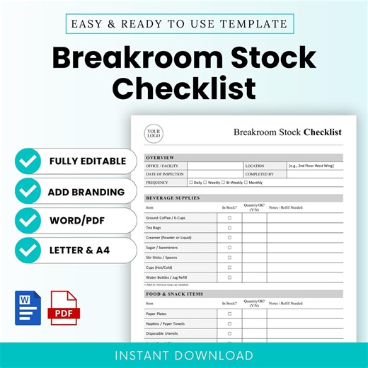 Breakroom Stock Checklist Template - Word & PDF, A4   US Letter - Etsy