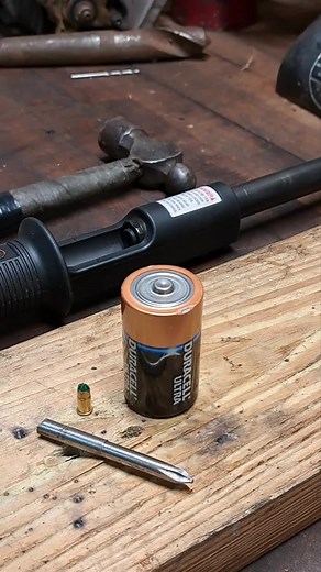 Ramset vs. C battery, not to Duracell #oddlysatisfying #satisfying #electric #volt #electricity #recycling #recycle #carbon #hole #hammer #tool #soft #hard #damage