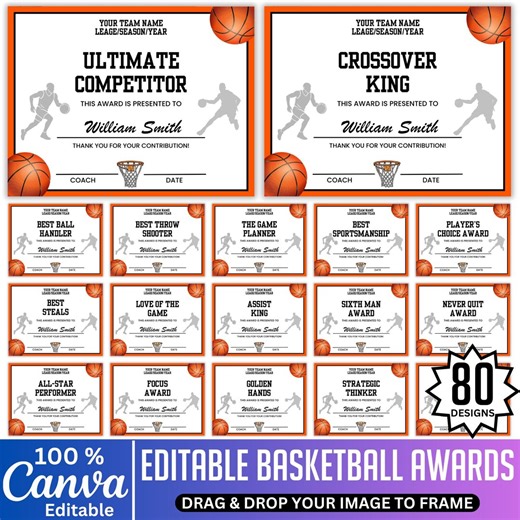 80 Basketball Awards Certificates Template, Canva Editable Basketball Awards Designs, Superlatives Basketball Awards, Basketball Ceremony - Etsy
