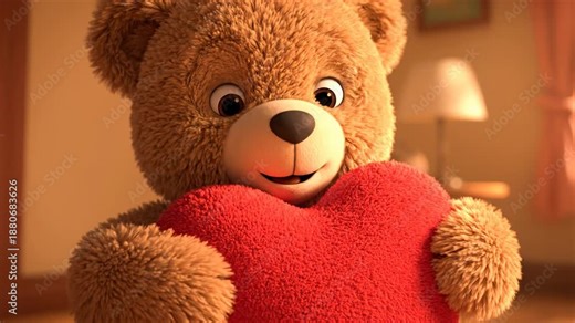 Animated teddy bear hugging a plush red heart in a cozy room