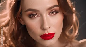 Beautiful white girl with red lips looks to the camera. Stunning brunette girl. young beautiful woman with a healthy clean skin. Pretty woman with bright makeup of eyes