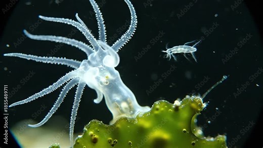 A mesmerizing closeup view of a translucent freshwater hydra a fascinating cnidarian polyp extending its delicate tentacles in a dark aquatic environment showcasing its intricate biological structure.