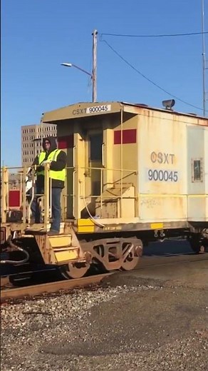 Caboose On Freight Train! Rare Platform Caboose, Conductor Blowing Whistle At RR Crossing