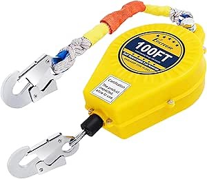 Self Retractable Lifeline Fall Protection Arrester 100FT Double Locking Roofing Safety Rope Lanyard Fall Arrest Gear, Dual Alloy Steel PPE shell Heavy Duty Hook Cable Wire