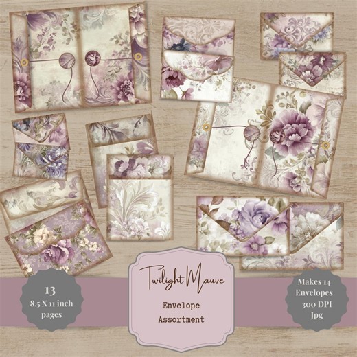 Twilight Mauve Floral Envelope Assortment Printable Junk Journal Ephemera TM001 - Etsy