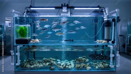 Medium shot of an advanced coop tank system where shellfish and fish coexist highlighting seamless integration and sustainable aquaculture techniques in a controlled marine