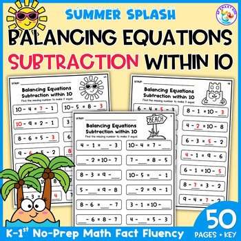 Balancing Equations Subtraction to 10 Summer Math Worksheets Kindergarten 1st