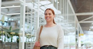 Leadership, business woman and walking in office ready to start work tasks in the morning. Confidence, smile and happy female employee with bag walk in modern workplace lobby, hallway or corridor.