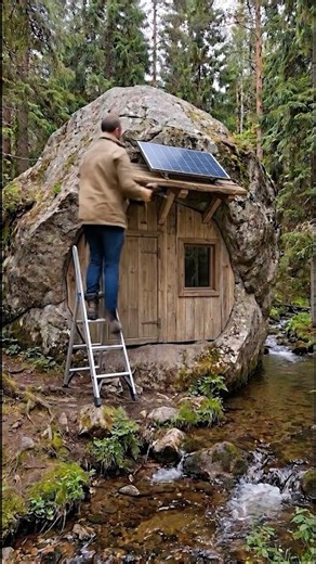 I Built a Cozy Cabin Inside a Giant Boulder Beside a Creek