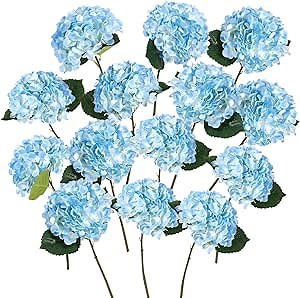 Auihiay 14 PCS Artificial Hydrangea Flowers Bouquets, 13.8" x 7.9" Silk Hydrangea Flowers with Stems and Leaves, Fake Hydrangea Bouquets for Room Party Wedding Table Centerpieces (Blue)