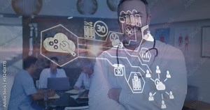 Animation of falling medical icons over caucasian male doctor