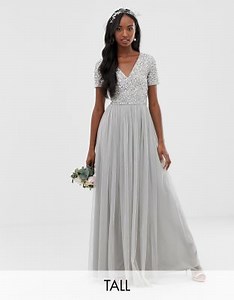 Maya Tall Bridesmaid v neck maxi tulle dress with tonal delicate sequins in silver | ASOS