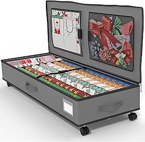 GoMaihe Wrapping Paper Storage with Wheels: Fits 41" Under-bed Gift Wrap Organizer & Container for Christmas Ribbon Accessories | Pockets & Adjustable Dividers | Easy Pull-out | Heavy-duty | Grey