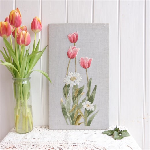 Vintage Embroidery Floral Sampler of Tulips - Spring Home Decor - Made in England - Etsy