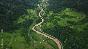 River Black yew in the mountains. Carpathians, Ukraine. Aerial.