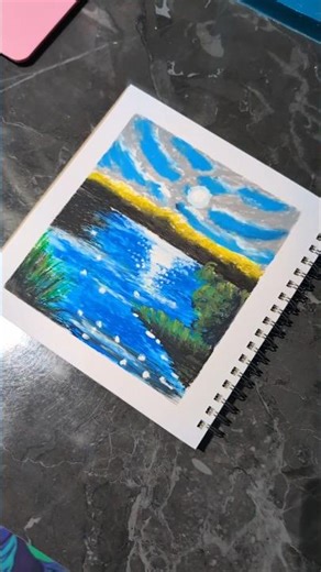 Moonlight Lake Scenery Drawing with Oil Pastels | Easy Shorts Art #shorts #drawing