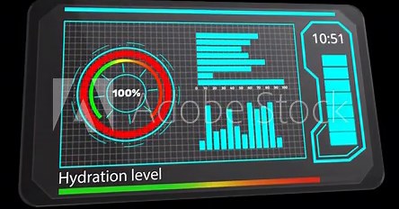futuristic hydration dashboard showing water intake and electrolyte levels, neon holographic display with graphs and bottle icon, athlete in training monitoring fluid balance and sip counts