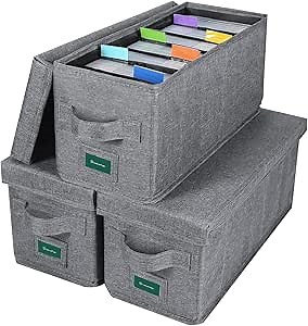 CD Storage Box with Lid Pack of 3, Practical CD Case Holder Organizer with Index Labels, 14.6 x 5.7 x 6.1 Inches CD Storage Case to Store up to 105 CDs Jewel Cases, and 579 Discs- Grey