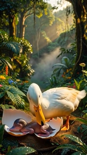 White Duck Helps Her Tiny Duckling Hatch with Gentle Love