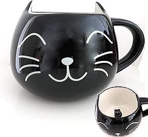 Evovee Black Cat Coffee Mugs with Hidden Cat Inside Kitty Kitten Face Tea Mug Cat Lovers Halloween Cute Ceramic Cup with Ears Peeking 3D Funny Women Lady Gifts