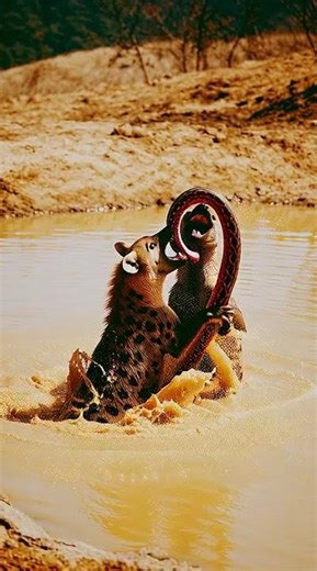 hyena fighting a massive python near a watering ho 7