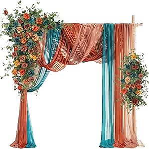 Wedding Arch Flowers with Drapes Kit (Pack of 5) - 2pcs Artificial Teal Orange Fall Deluxe Swag with 3pcs Sheer Drapes for Wedding Ceremony Arbor Reception Backdrop Rose Floral Decoration