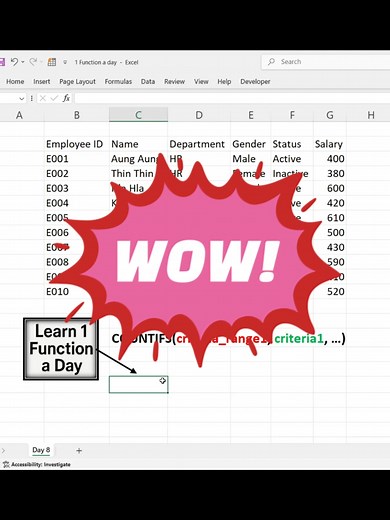 Learn 1 Function A Day. COUNTIFS function in excel. #excelmyanmar #exceldaily #fyp #countifs #T9FunctionADay