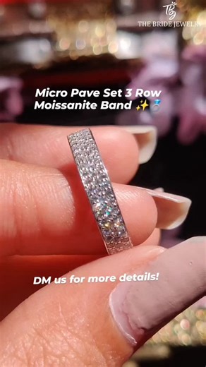 😍Micro Pave Set 3 Row Moissanite Band white gold wedding band full Eternity Stacking band 💍💫 . . Follow 👉@thebridejewelry . . ★ Stone Details: → Shape: Round Cut → Weight: 1ct (Approx.) → Color/ Clarity: Colorless EF/ VVS → Setting: Micro Pave Set ★ Band Details: → Band Width: 4.000mm ± 0.10mm → Band Thickness: 1.80mm ± 0.10mm . . #moissnitejewelry #roundweddingband #anniversarygift❤️ #customisedgifts#bridalband #weddingring🥰 #womensday #engagementband #whitegoldbands #diamondband #customis