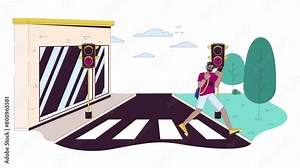 Black man crossing street at red light line 2D character animation. Dangerous situation flat color cartoon 4K video, alpha channel. African american pedestrian animated person on white background