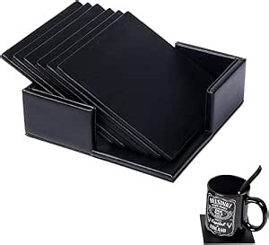 Drink Coasters 6 Pcs Leather Coasters Spill Protection for Table Desk,Durable and Non Slip Leather Coaster Perfect for Common Size Glass Coffee Cup & Mug,4 Inches(Square Black Coasters)