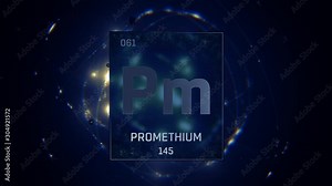 Promethium as Element 61 of the Periodic Table. Seamlessly looping 3D animation on blue illuminated atom design background with orbiting electrons. Design shows name, atomic weight and element number Stock Video