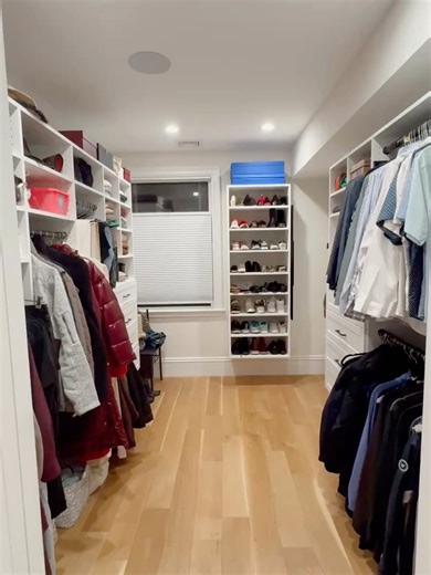 Laura | Properly Placed Organizing on Instagram: "Loving this primary walk-in closet project in Brookline! ✨ This busy family of three young girls called us in to edit and organize their walk-in closet, laundry closet, and back storage space. We overhauled the back storage closet with new shelving to maximize vertical space. Children’s clothing was sorted, donated, returned to dressers, or labeled and stored by size. The walk-in closet was reconfigured for better flow and easier daily dressing,