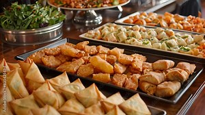 Diverse Spread of Traditional Chinese Appetizers on Buffet Table, A selection of traditional Chinese appetizers, including spring rolls and crab rangoon Stock Video