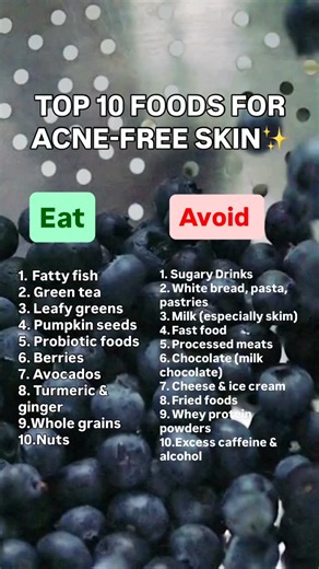 READ CAPTION ⬇️ ✨ 🥗 Eat vs Avoid for Clear, Acne-Free Skin! Want clear skin and to reduce teen acne or hormonal acne flare-ups? It’s not just about what you put on your face, it’s what you put in your body. Here’s a simple guide to help you get clear skin naturally: ✅ Eat: Fatty fish, green tea, leafy greens, pumpkin seeds, probiotic foods, berries, avocados, turmeric & ginger, whole grains, nuts ❌ Avoid: Sugary drinks, white bread & pastries, skim milk, fast food, processed meats, milk chocola